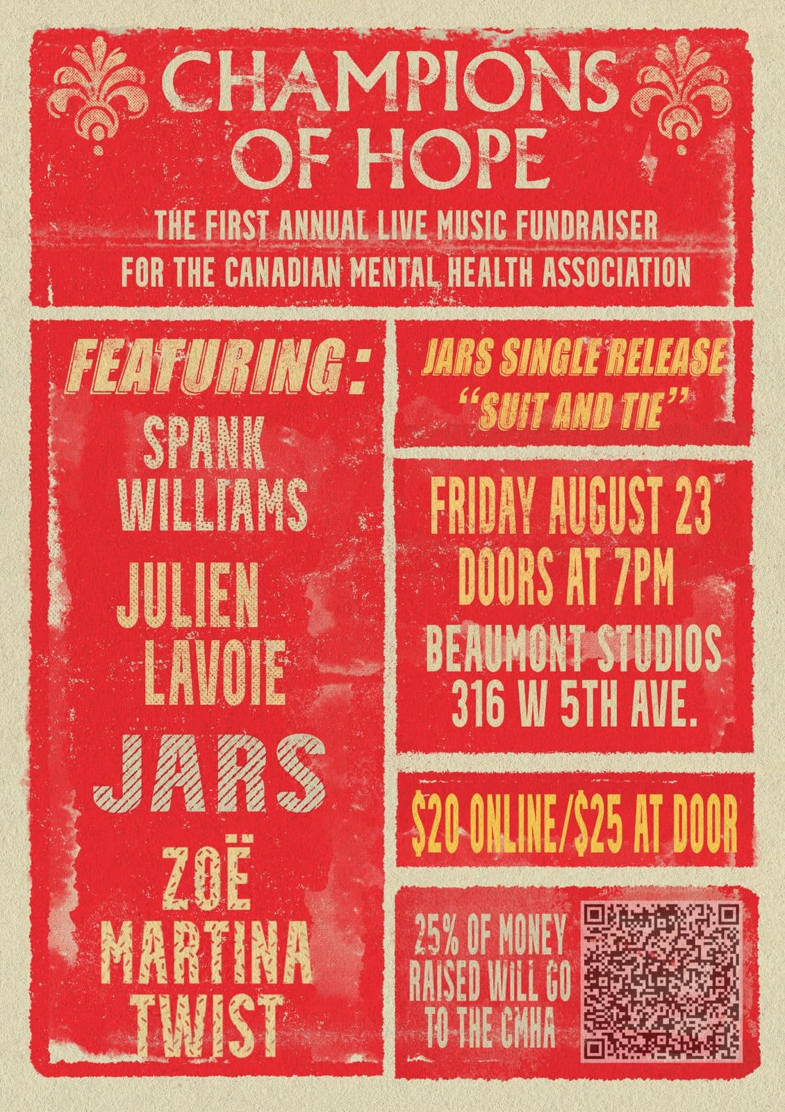 Champions of Hope first annual live music fundraiser poster for the Canadian Mental Health Association